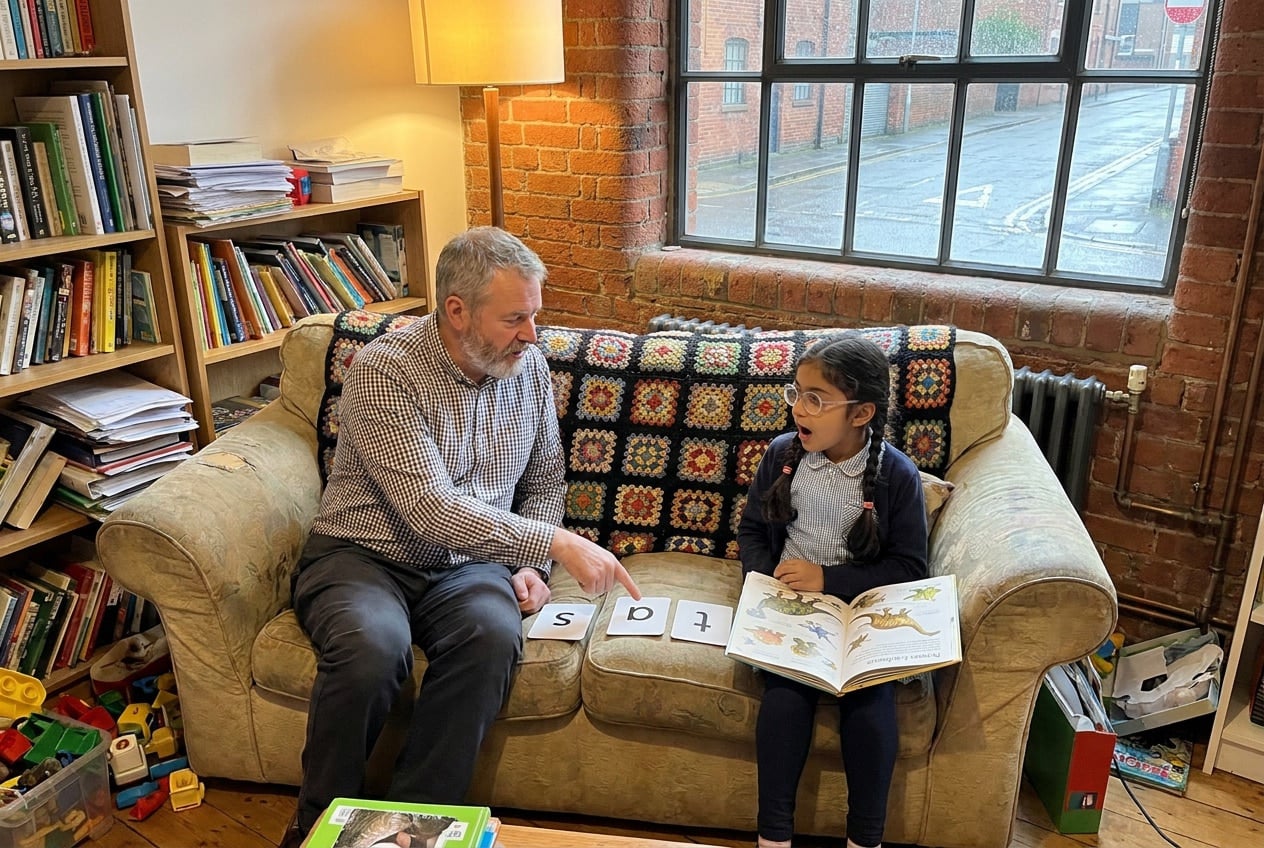 A SEND tutor and a child sharing a picture book together